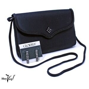 Vintage Black Satin Evening Clutch Purse w Rhinestone Dangle Earrings - Hey Viv